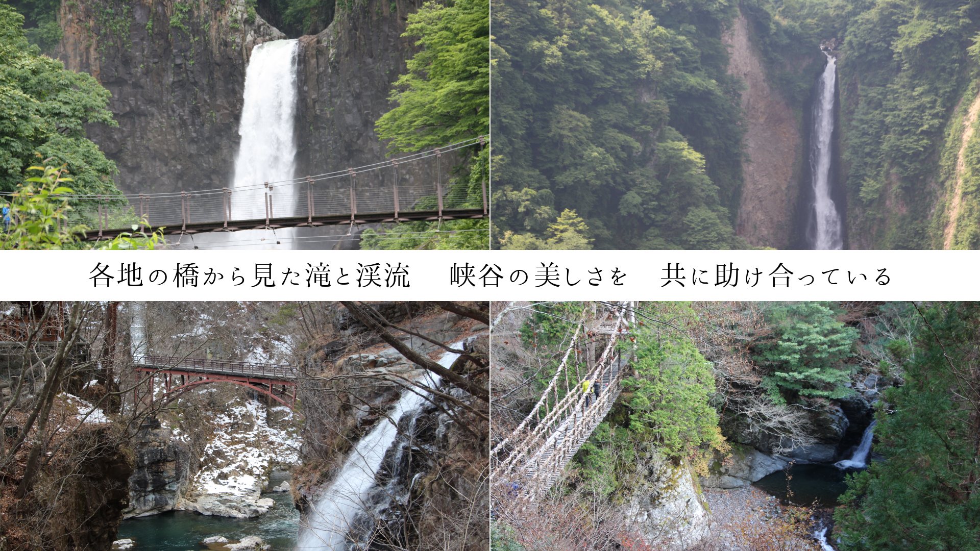 各地の橋から見た滝と渓流 峡谷の美しさを 共に助け合っている